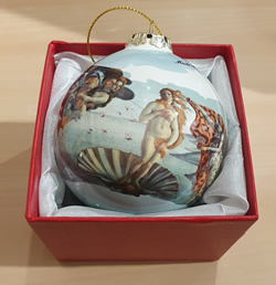 idea regalo Palla di Natale in vetro La Nascita Venere Botticelli, Uffizi diametro 8 cm con scatola regalo made Italy