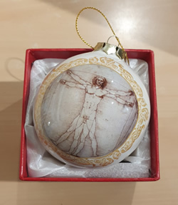 idea regalo Palla di Natale in vetro Uomo vitruviano Leonardo da Vinci diametro 8 cm con scatola regalo made Italy