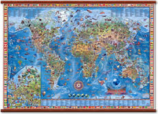 mappa murale Planisfero illustrato 138 x 89 cm - Plastificato e Laminato con Aste in Legno