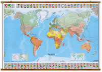 mappa murale Planisfero Politico - con bandiere, fusi orari, densità demografica, tabelle climatiche e sezioni dei poli - plastificato e con eleganti aste in legno - 144 x 100 cm