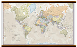 mappa murale Planisfero in stile vintage - plastificato - 205 x 125 cm - con eleganti aste in legno e ganci in acciaio, facile da applicare a parete