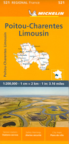 mappa n. 521 Poitou Charentes Limousin con Poitiers, Châtellerault, Montmorillon, Parthenay, Bressuire, Niort, Confolens, Angoulême, Cognac, Jonzac, Saintes, Saint Jean d'Angély, Rochefort, La Rochelle, Ile d'Oléron, de Ré stradale stazioni di servizio e autovelox 2026