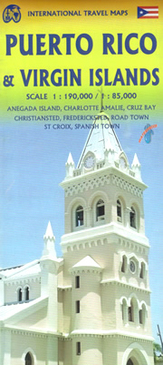 mappa Porto Rico / Puerto Rico, Isole Vergini Virgin Islands con Anegada, Charlotte Amalie, Cruz Bay, Christiansted, Fredericksted, Road Town, St Croix, Spanish Town stradale impermeabile e antistrappo spiagge, riserve naturali, luoghi panoramici