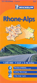 mappa stradale n. 523 - Rodano-Alpi / Rhone-Alps - con Lyon / Lione, Saint-Étienne, Vienne, Villefranche-sur-Saône, Roanne, Bourg-en-Bresse, Mâcon, Nantua, La Tour-du-Pin, Belley, Chambéry, Annecy, Bonneville, Saint-Julien-en-Genevois, Genève / Ginevra, Thonon-les-Bains, Mont Blanc / Monte Bianco, Albertville, Savoie / Savoia, Saint-Jean-de-Maurienne, Grenoble, Die, Valence, Nyons, Tournon-sur-Rhône, Privas, Largentière - mappa stradale con stazioni di servizio e autovelox - nuova edizione