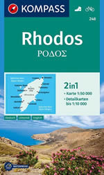 mappa n.248 Rodi / Rhodos escursionistica, plastificata, con spiagge, percorsi per il trekking, luoghi panoramici e parchi naturali