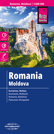 mappa Romania, Moldova (Moldau) con Bucarest (Bukarest/Bucuresti), Iasi, Chisinau, Tighina, Galati, Ploiesti, Constantia, Craiova, Timisoara, Arad, Klausenburg, Oradea impermeabile e antistrappo