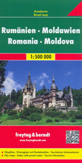 mappa stradale Romania, Moldova / Moldavia - con Bucarest, Cluj Napoca, Timisoara, Iasi, Costanza, Craiova, Brasov, Galati, Ploiesti, Oradea, Braila, Arad, Pitesti, Sibiu, Bacau, Chisinau, Tiraspol, Balti, Tighina, Rabnita - Edizione Dicembre 2023