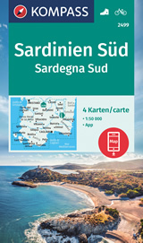 mappa Sardegna del con Cagliari, Villasimius, Sinnai, Burcei, Villacidro, Iglesias, Teulada, Oristano, Laconi set di 4 mappe escursionistiche Kompass n.2499 sentieri numerati per il trekking e mountain bike, spiagge, agriturismi, luoghi panoramici, tipi vegetazione, rilievi altimetrie, sorgenti, grotte, parchi riserve naturali compatibili GPS 2024