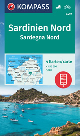 mappa Sardegna del con Olbia, San Teodoro, Ozieri, Isola Maddalena, Santa Teresa di Gallura, Sassari, Stintino, Alghero set 4 mappe escursionistiche Kompass n.2497 sentieri numerati per il trekking e mountain bike, spiagge, agriturismi, luoghi panoramici, tipi vegetazione, rilievi altimetrie, sorgenti, grotte, parchi riserve naturali compatibili GPS 2024