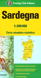 mappa Sardegna stradale e turistica con rete autostradale, ferroviaria, indice dei nomi, distanze stradali, luoghi panoramici aree naturali