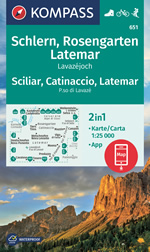 mappa Sciliar, Catinaccio, Latemar, Passo di Lavazé con Predazzo, Val Fiemme, Fassa, Moena, Nova Levante, Ponente, Tires, Canazei, Vigo Sella, Alpe Siusi, Castelrotto, Selva Kompass n.651 compatibile GPS 2024