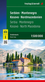 mappa Serbia, Montenegro, Kosovo, Macedonia, dell'Albania (con Tirana) stradale con luoghi panoramici, parchi e riserve naturali 2025