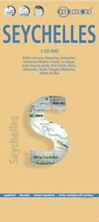 mappa stradale Seychelles - con Mahé, Victoria, Desroches, Amirantes, Farquhar, Aldabra, Praslin, La Digue, Silhouette, North, Denis, Bird, Frégate, Aride, Inner Islands, Marianne, Valleé de Mai - mappa plastificata