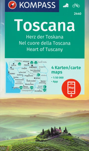 mappa Toscana set di 4 mappe dei sentieri con Firenze, Pistoia, Siena, Chianti, San Gimignano, Volterra, Montalcino, Monte Amiata, Montepulciano, Colline Metallifere, Pisa, Livorno, Riviera Etruschi, Cecina, Vincenzo, Piombino Kompass n.2440, compatibili sistemi GPS