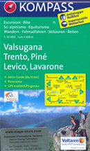 mappa topografica n.75 - Valsugana, Trento, Piné, Levico Terme, Lavarone, Pergine, Borgo Valsugana, Lago di Caldonazzo, Castello Tesino, Cima Dodici/Ferozzo, M. Verena, Luserna, Cima d'Asta, Mezzocorona, Lavis - mappa plastificata, compatibile con GPS + mappa panoramica