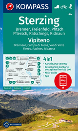 mappa Vipiteno / Sterzing, Brennero, Campo di Trens/Freienfeld, Val Vizze/Pfitsch, Varna, Ratschings/Racines, Ridnaun/Ridanna, Moso in Passiria, San Martino Gruppo Tessa, Sarentino, Monti Sarentini, Fundres, Alpi Breonie, Aurine con informazioni turistiche, sentieri CAI, percorsi panoramici e parchi naturali n.44 Kompass, compatibile GPS 2023