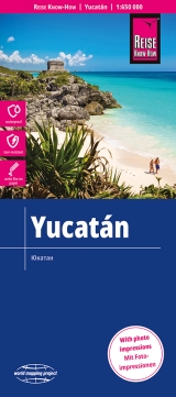 mappa Yucatán con Cozumel, Isla Mujeres, Tulum, Chetumal, Bacalar, Puerto Morelos, Cancún, Playa del Carmen, Valladolid, Merida spiagge, luoghi panoramici, siti archeologici, templi Maya, cenote, riserve e parchi naturali stradale ed escursionistica, impermeabile antistrappo